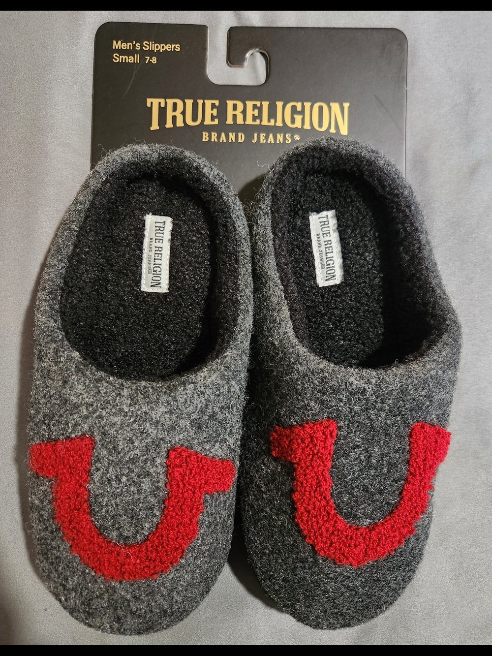 True Religion Mens Gray Slippers with Red Logo Accent